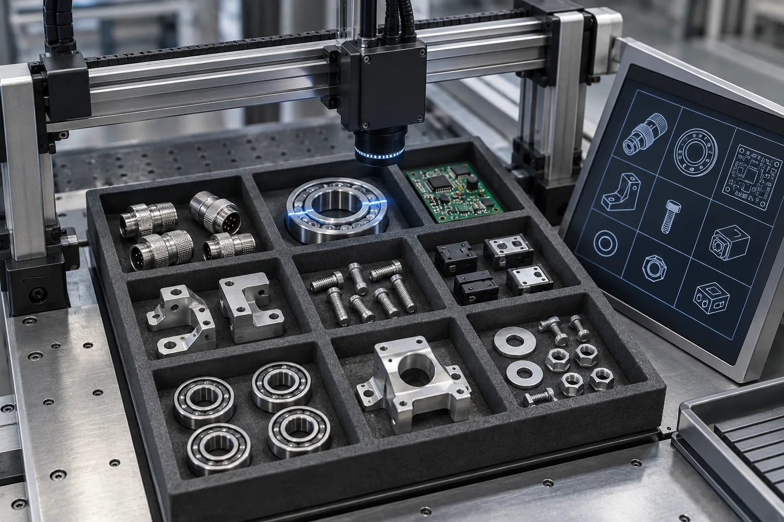 Illustration of a machine-vision gantry scanning an organized component tray