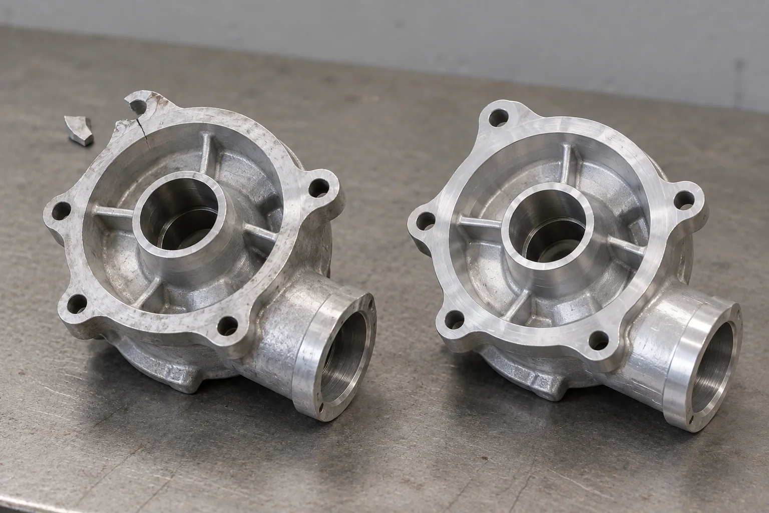 Metal housing with a chipped mounting ear and a fine crack beside an intact matching housing