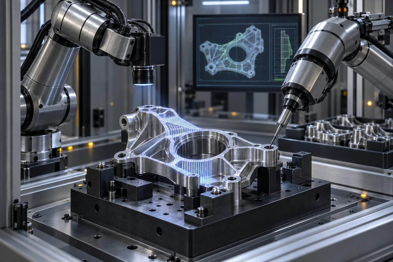 Illustration of robotic tools inspecting a machined component in an automated cell